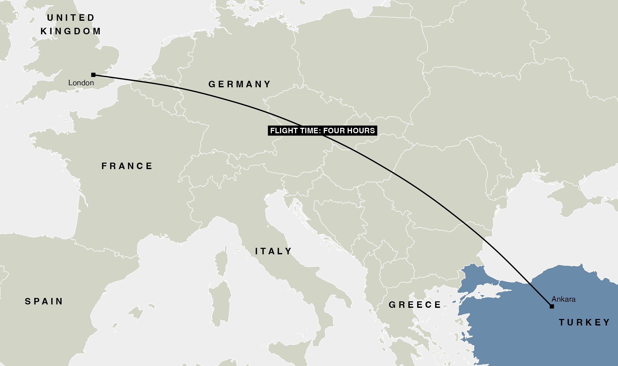 Map showing London to Ankara flight path