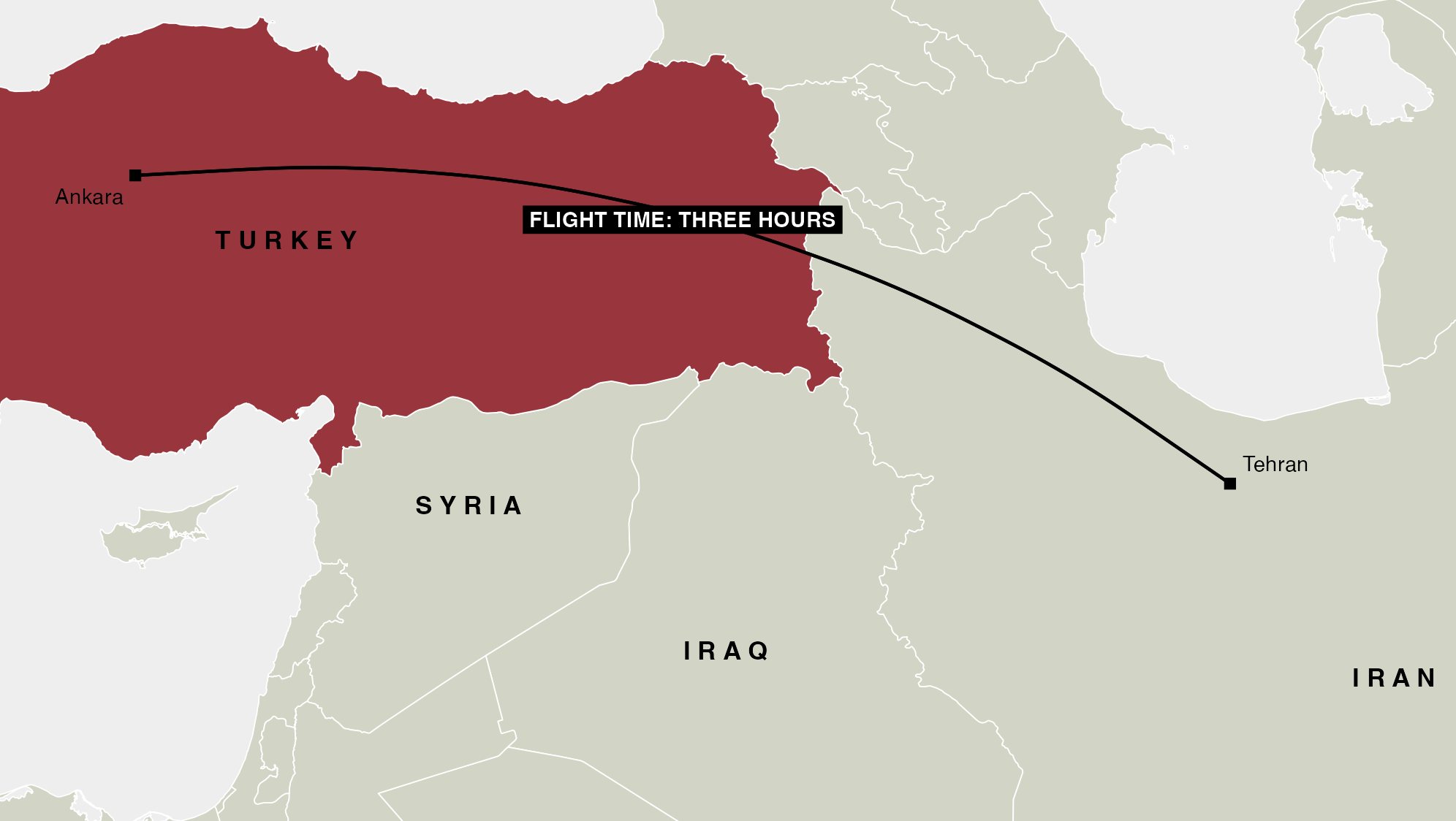Map showing Turkey to Iran flight path